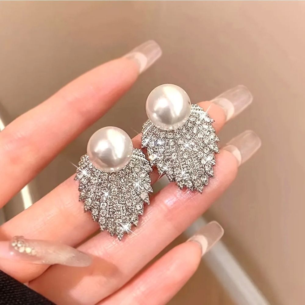 Diamond Leaf Pearl Stud Earrings